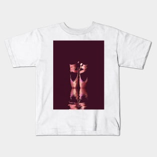 Minimal Pink Ballet Pointe Shoes on Ballerina Feet Classically Dancing on Water with Grace and Reflection Kids T-Shirt